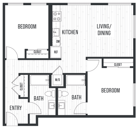 Floor plan 2E. Two bedroom, two bath at Sixth & Jackson Apartments in Japantown, San Jose.